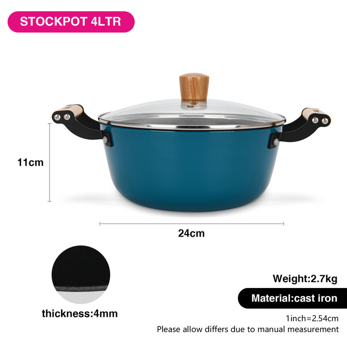 Enamelled Non-Stick Cast Iron Stockpot  24x11cm/4LTR With Glass Lid SEAGREEN