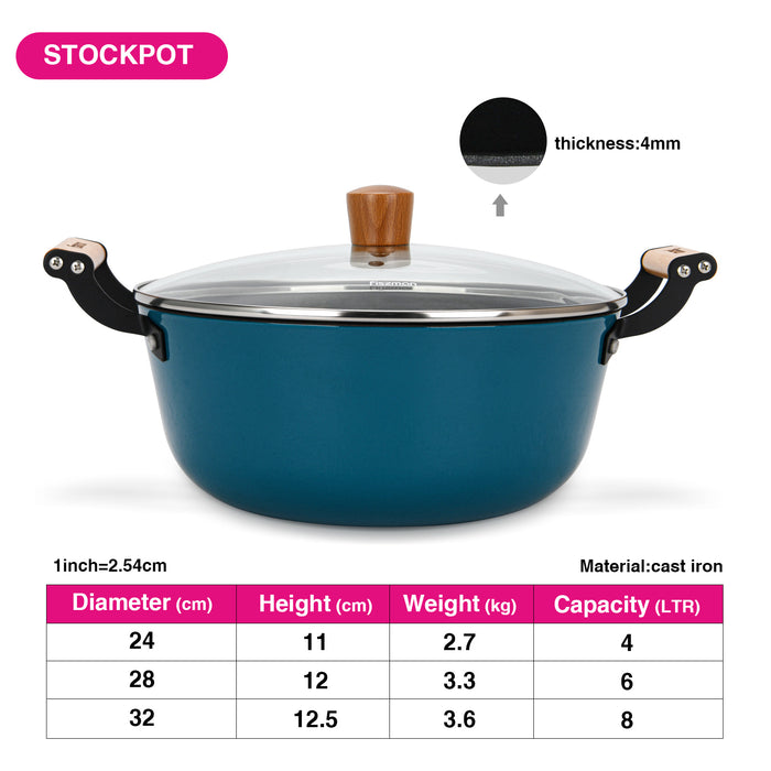 Enamelled Non-Stick Cast Iron Stockpot  24x11cm/4LTR With Glass Lid SEAGREEN
