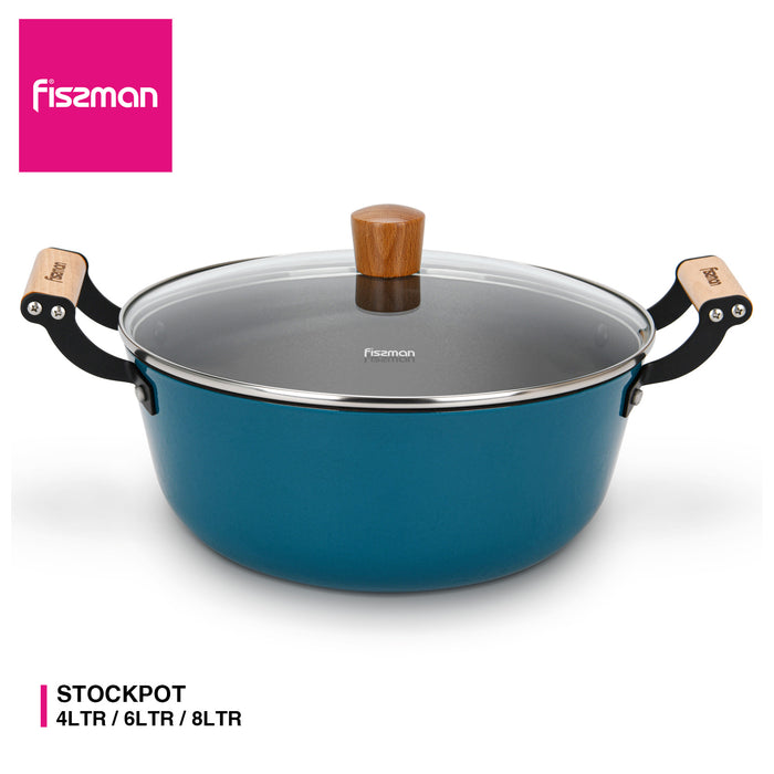 Enamelled Non-Stick Cast Iron Stockpot  24x11cm/4LTR With Glass Lid SEAGREEN