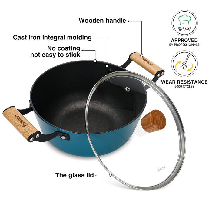 Enamelled Non-Stick Cast Iron Stockpot 32x125cm/8LTR With Glass Lid SEAGREEN