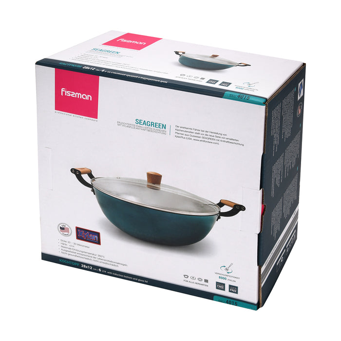 Enamelled Non-Stick Cast Iron Stockpot 28x12cm/6LTR With Glass Lid SEAGREEN