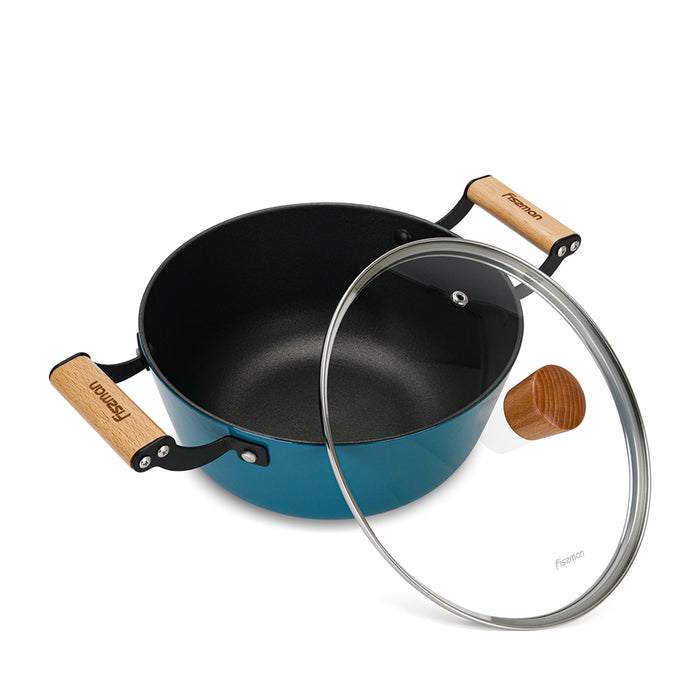 Enamelled Non-Stick Cast Iron Stockpot 28x12cm/6LTR With Glass Lid SEAGREEN