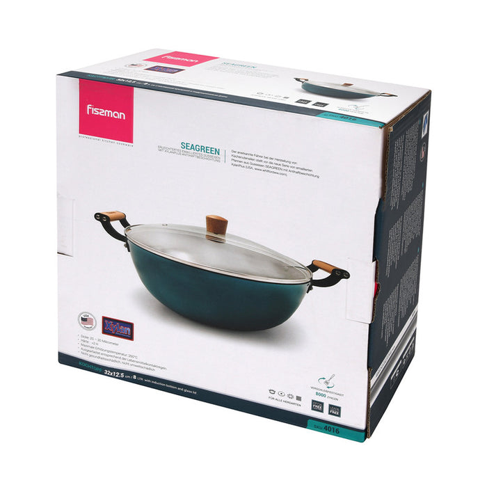 Enamelled Non-Stick Cast Iron Stockpot 32x125cm/8LTR With Glass Lid SEAGREEN