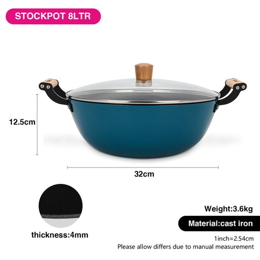 Enamelled Non-Stick Cast Iron Stockpot 32x125cm/8LTR With Glass Lid SEAGREEN