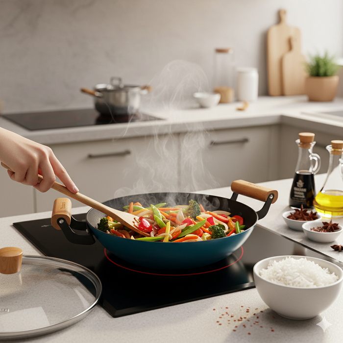 Wok Seagreen 28cm/4LTR with Glass Lid Enamelled Lightweight Cast Iron
