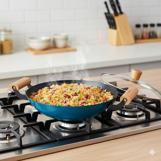 Wok Seagreen 28cm/4LTR with Glass Lid Enamelled Lightweight Cast Iron