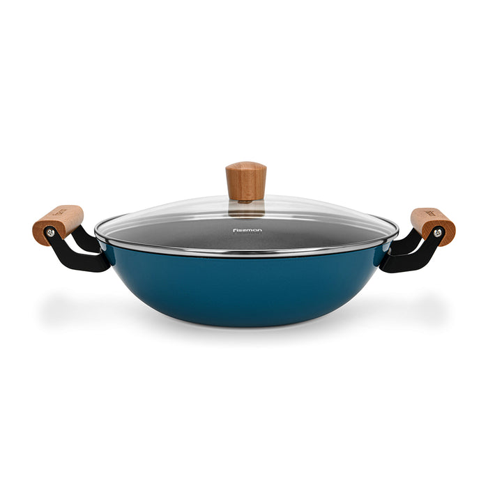 Wok Seagreen 28cm/4LTR with Glass Lid Enamelled Lightweight Cast Iron