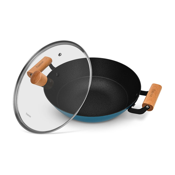 Wok Seagreen 28cm/4LTR with Glass Lid Enamelled Lightweight Cast Iron