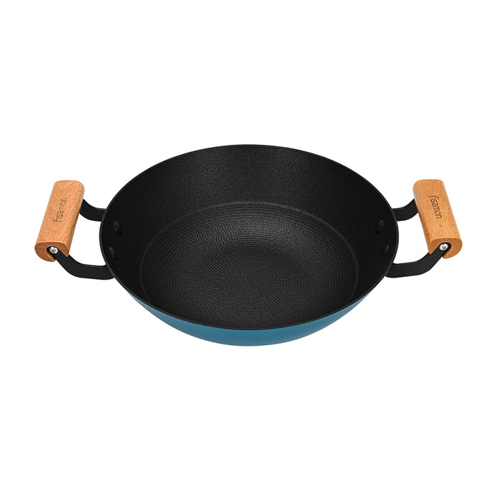 Wok Seagreen 28cm/4LTR with Glass Lid Enamelled Lightweight Cast Iron