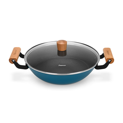 Wok Seagreen 28cm/4LTR with Glass Lid Enamelled Lightweight Cast Iron