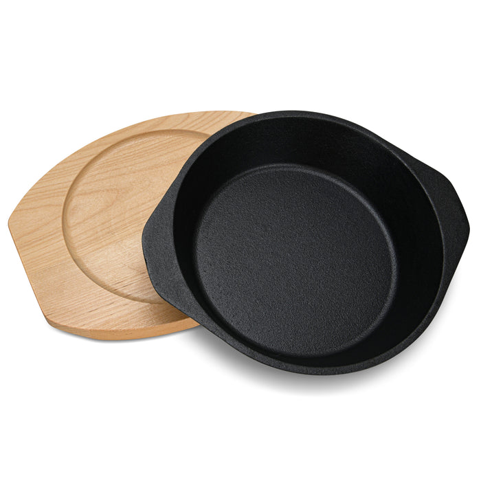 Cast Iron Pan 19x4.7cm with Two Side Handles with Wooden Tray