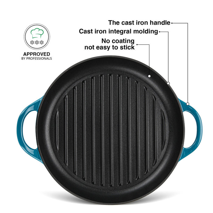 Round Cast Iron Grill Pan 30 cm, Enameled Cast Iron Cookware with Helper Handles