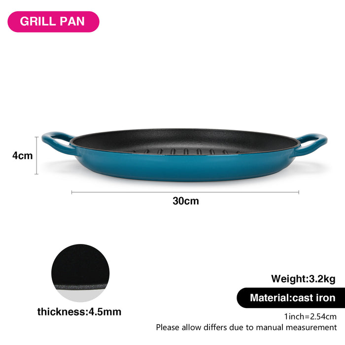 Round Cast Iron Grill Pan 30 cm, Enameled Cast Iron Cookware with Helper Handles