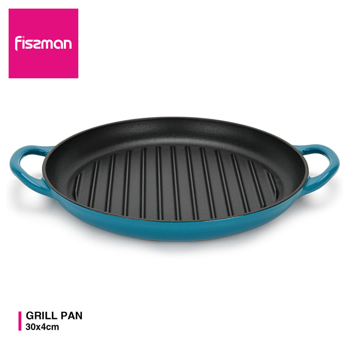 Round Cast Iron Grill Pan 30 cm, Enameled Cast Iron Cookware with Helper Handles