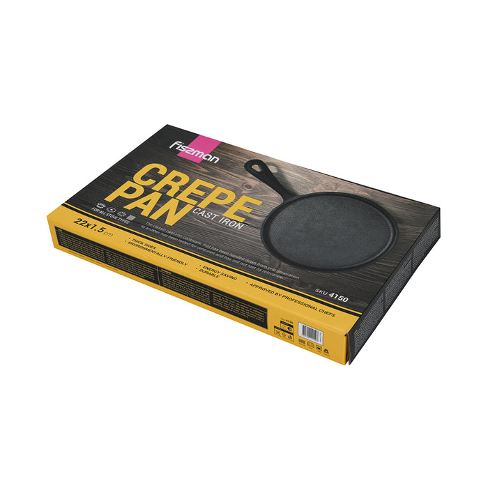 Crepe Pan 22cm, Cast Iron Crepe Pan 1.5cm Deep with Induction Bottom for all Stovetops