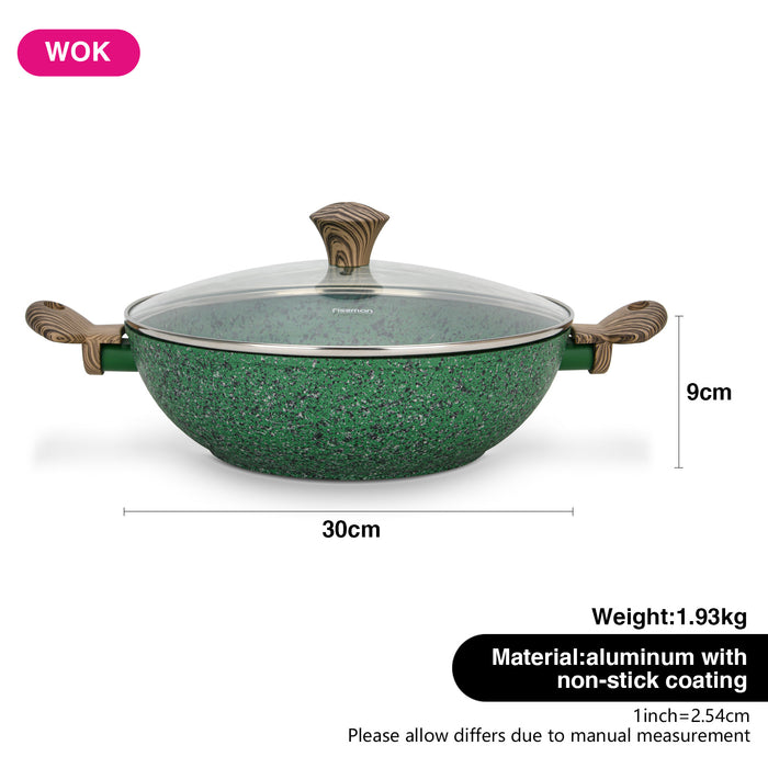 Wok 30cm with Glass Lid with Aluminum and Non Stick Coating Pan, Malachite Series