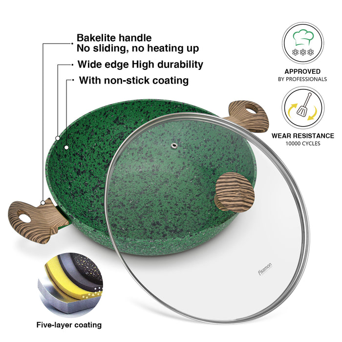 Wok 30cm with Glass Lid with Aluminum and Non Stick Coating Pan, Malachite Series