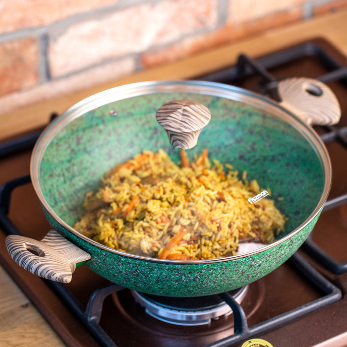 Wok 30cm with Glass Lid with Aluminum and Non Stick Coating Pan, Malachite Series