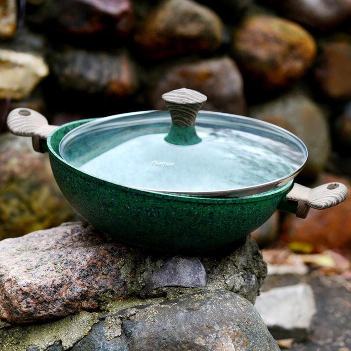 Wok 30cm with Glass Lid with Aluminum and Non Stick Coating Pan, Malachite Series