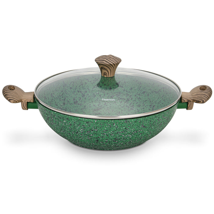 Wok 30cm with Glass Lid with Aluminum and Non Stick Coating Pan, Malachite Series