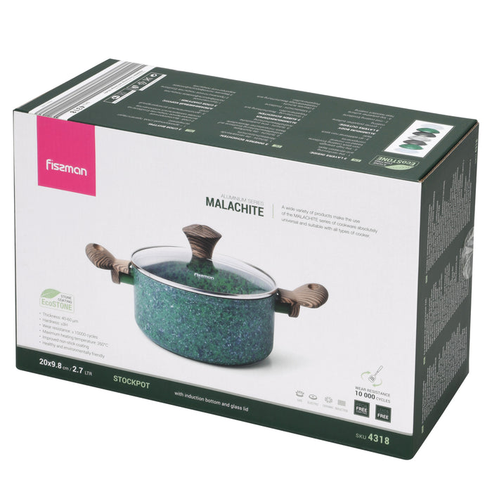 2.7LTR Stockpot With Glass Lid 20cm with Aluminum and Non Stick Coating Pan, Malachite Series