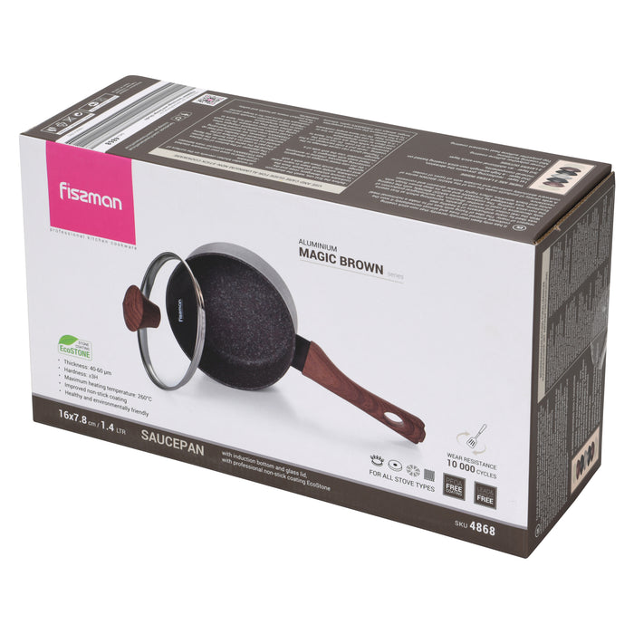 Saucepan Magic Brown 16x7.8cm/1.4 Ltr With Glass Lid With Induction Bottom (Aluminium With Non-Stick Coating)