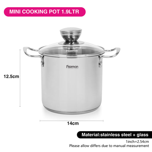 Cooking Pot 1.9L with Glass Lid, Stainless Steel Stockpot 14x12.5cm Mini Cook Series
