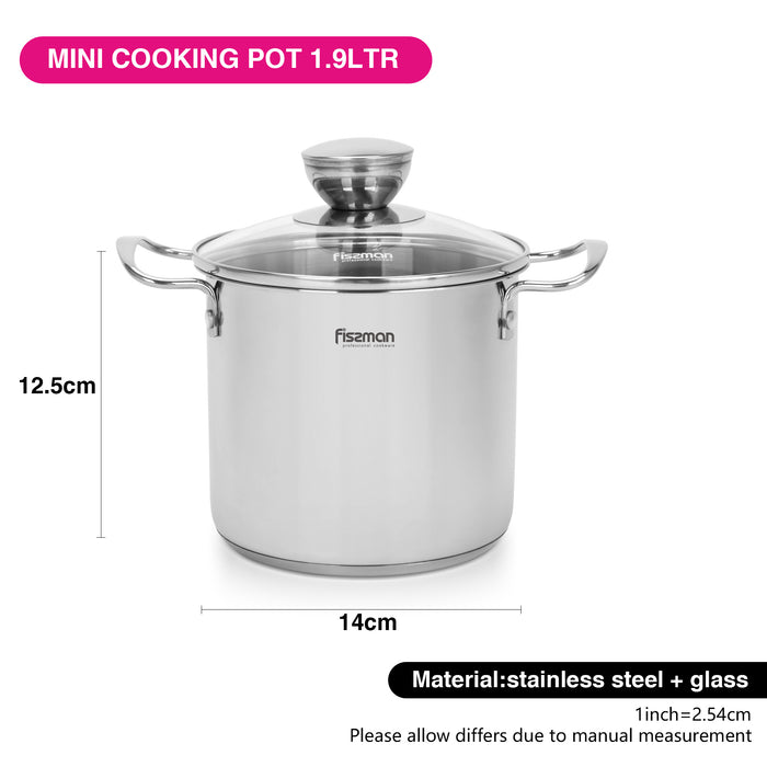 Cooking Pot 1.9L with Glass Lid, Stainless Steel Stockpot 14x12.5cm Mini Cook Series