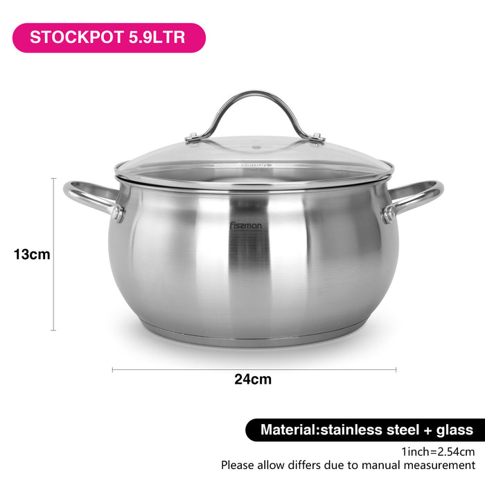 Stockpot with Glass Lid Martinez Series Satinless Steel Silver 24x13cm/5.9LTR