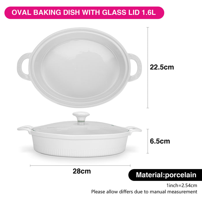 Oval Baking Dish with Glass Lid 1.6L, Porcelain Baking Dish with Handle 26.5cm