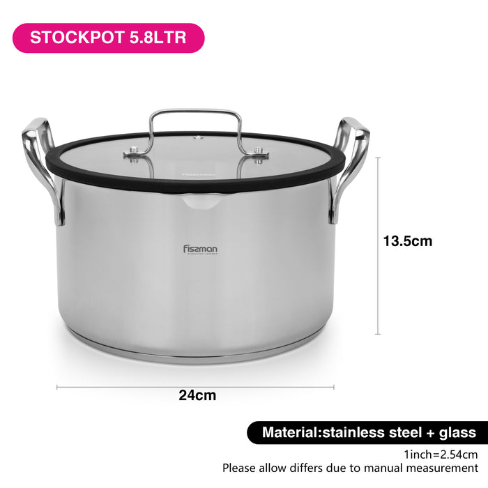 Stockpot 24cm/5.8 LTR FABIA with Glass Lid  (Stainless Steel)