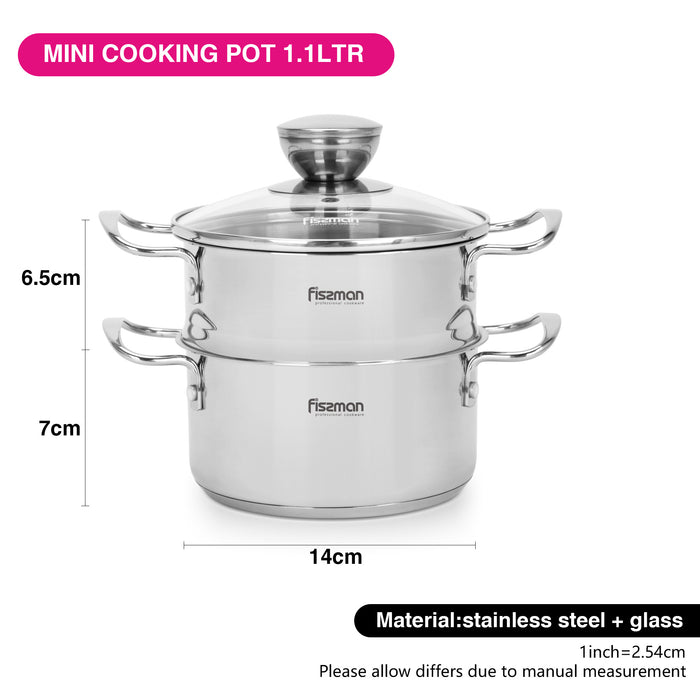 Cooking Pot 1.1L w/Steamer, Stainless Steel Stockpot with Glass Lid 14x7.0cm Mini Cook Series