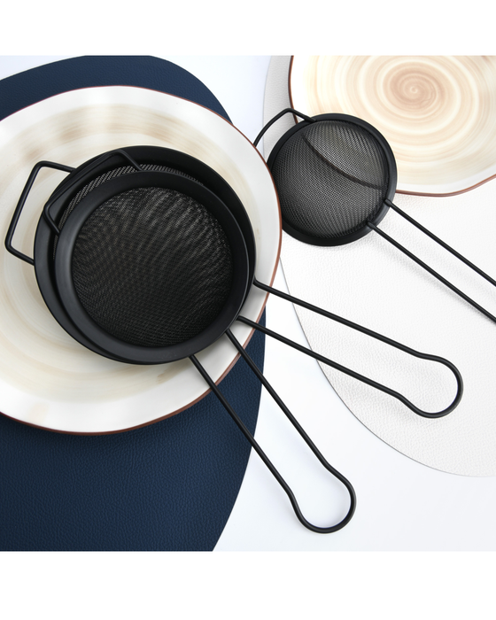 3-Piece Fine Mesh Black Strainer with Hanging Loop Set, 10cm, 12cm, and 14cm