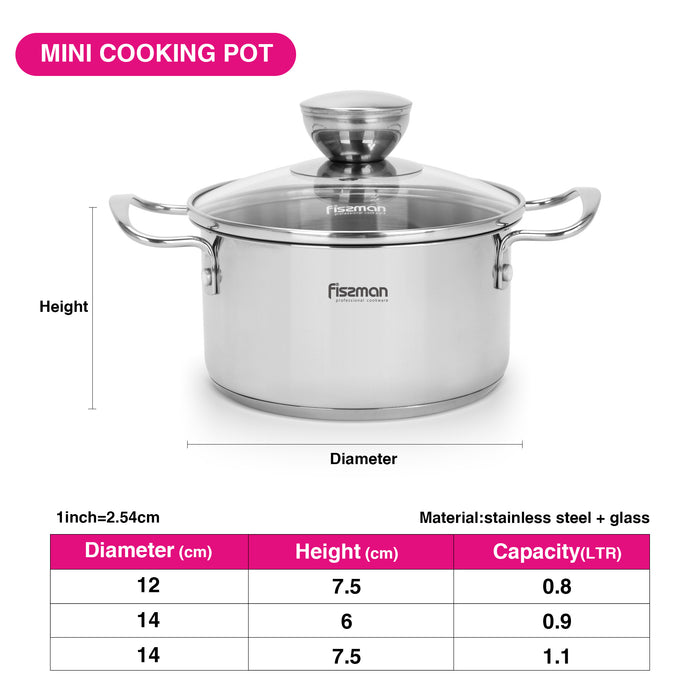 Cooking Pot 1.9L with Glass Lid, Stainless Steel Stockpot 14x12.5cm Mini Cook Series