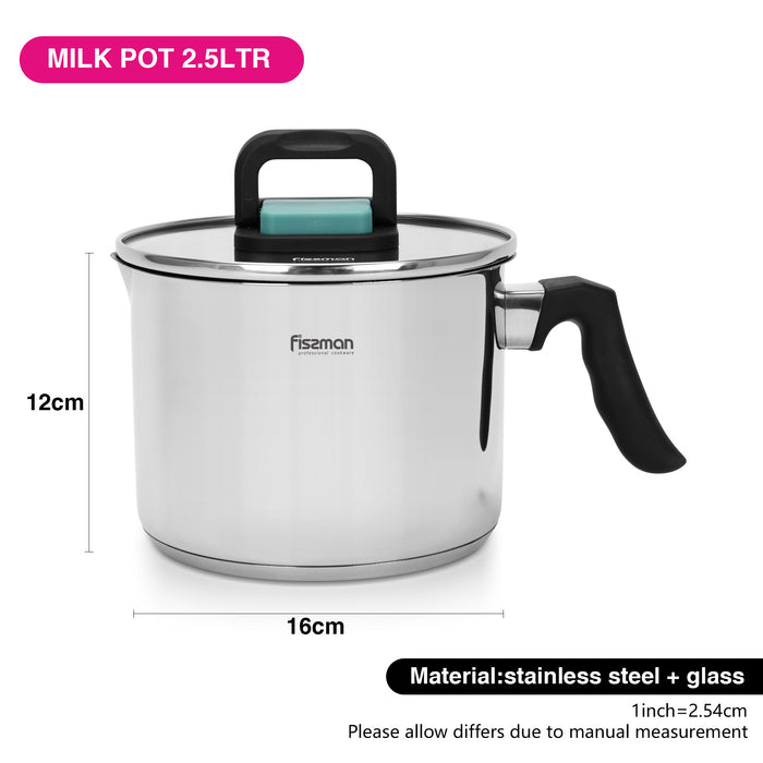 Milk Pot 16cm/2.5LTR With Glass Lid Stainless Steel