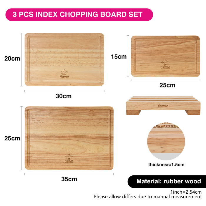 3-Piece Cutting Boards 35cm, 30cm, 25cm With Stand Rubber Wood