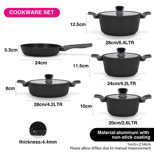 9-Piece Cookware Set Stella Series Aluminum with Non-Stick Coating Stockpot 20cm,24cm,28cm, Shallow Casserole 28cm, Frying Pan 24cm