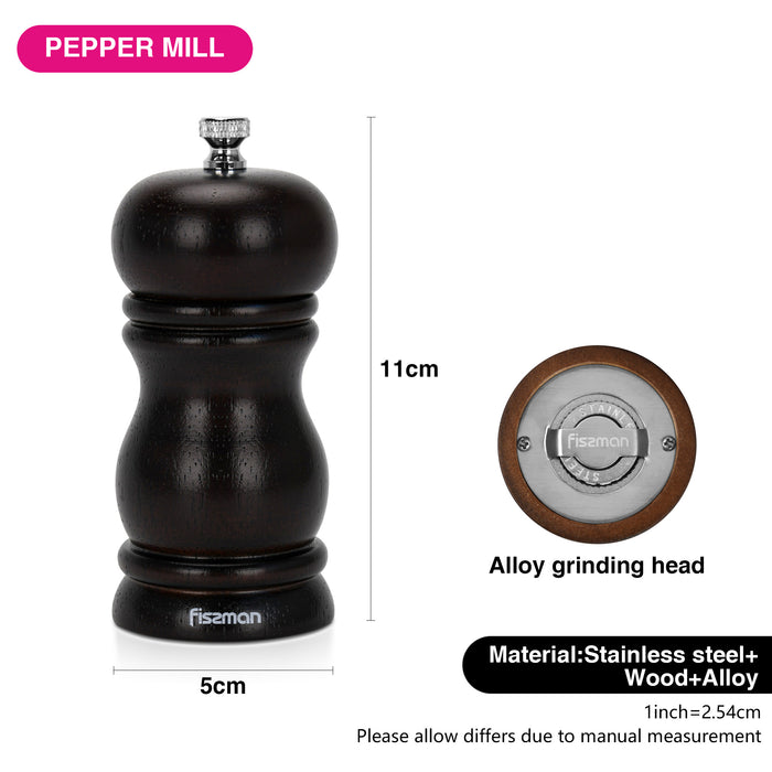 Pepper Mill Rubber Wood Body with S/S Grinder 11cm, Stylish With Simple Design For Restaurant or For Everyday Use, Natural Wood Material, Grinding Mechanism For Peppercorn And Dry Spices