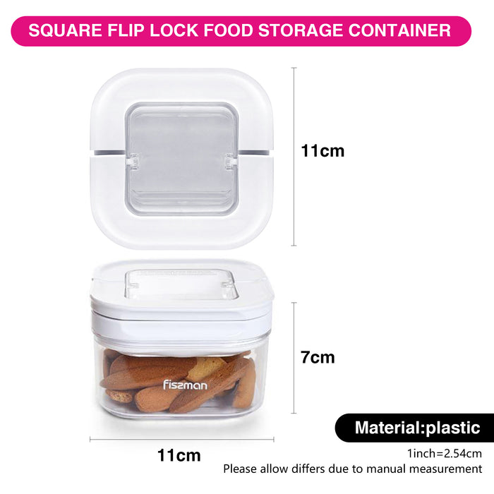Square Flip-Lock Food Storage Container – 450ml, 11cm (Airtight Plastic, Durable)