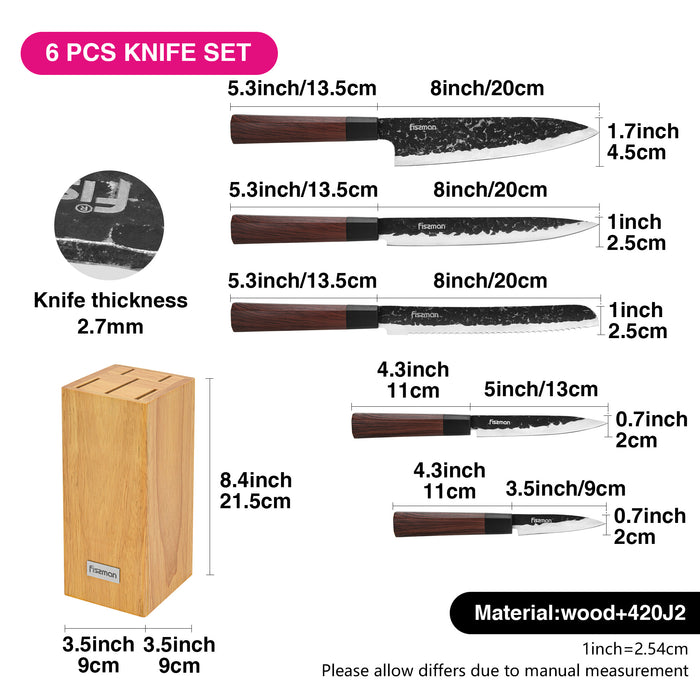 6-Piece Knife Set Solveig with Wooden Block 420J2 Steel, Chef Knife 20cm, Slicing Knife 20cm, Bread Knife 20cm, Utility Knife 13cm, Pairing Knife 9cm