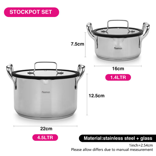 2-Piece Stockpot - 22cm/4.5L,16cm/1.4L - with Glass Lid, Stainless Steel Stockpot 4-Pieces Set Cookware Fabia Series