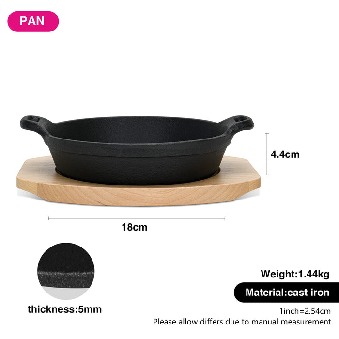 Cast Iron Pan 18x4.4 cm with Two Side Handles with Wooden Tray