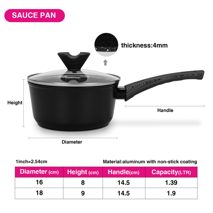 Sauce Pan Angela 16cm/1.39 LTR With Glass Lid Aluminium With Non-Stick Coating