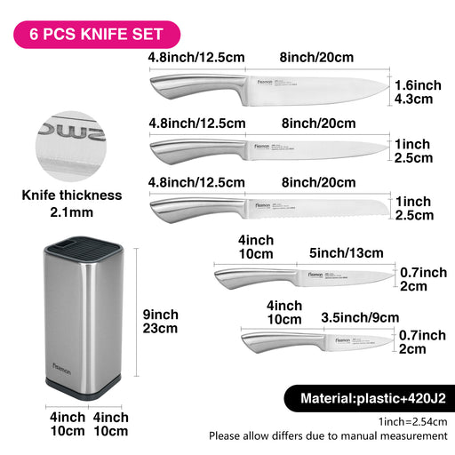 6-Piece Knife Set Jarl with Metal Block 420J2 Steel, Chef Knife 20cm, Slicing Knife 20cm, Bread Knife 20cm, Utility Knife 20cm, Pairing Knife 9cm