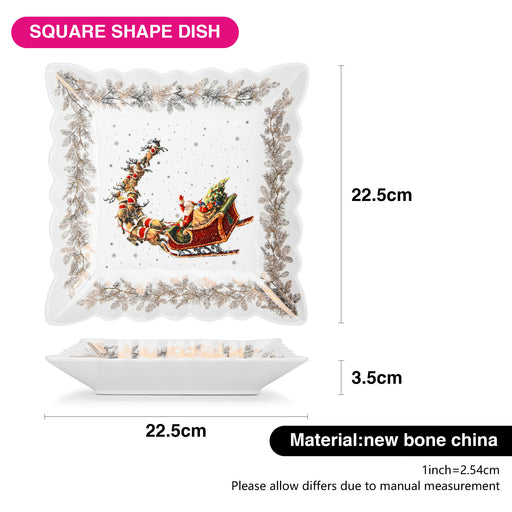 Square Shape Serving Dish 22.5cm, Porcelain Christmas Plate