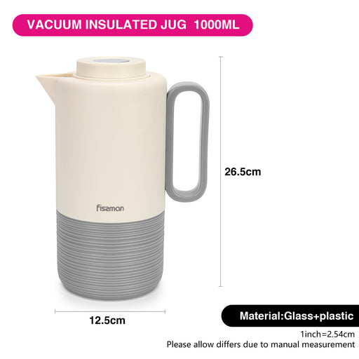 Vacuum Insulated Jug 1000mL, Insulated Flask, Modern Dallah, Plastic Body Case With  Glass Liner LIGHT GRAY