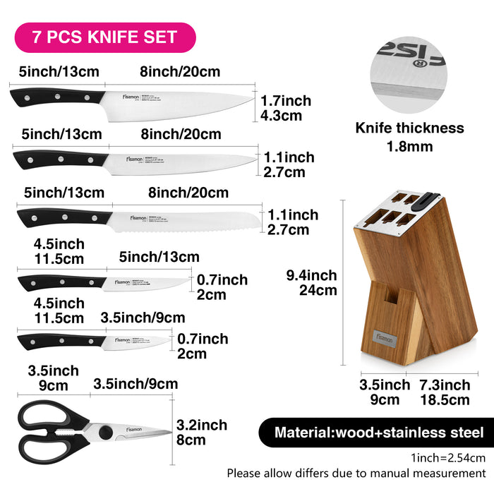 7-Piece Knife Set Weimar with Wooden Block with Built-In Sharpener, Chef Knife 20cm, Slicing Knife 20cm,Bread Knife 20cm,Utility Knife 13cm,Pairing Knife 9cm,MultiFunctional Scissor 20cm