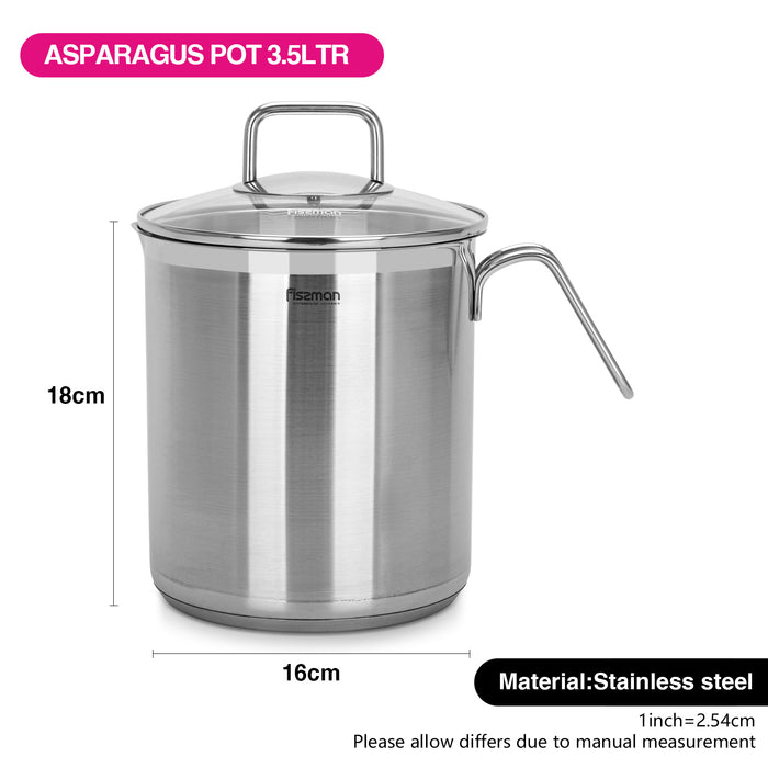 Fissman Stainless Steel Asparagus Pot 16x18.0cm/3.5L with Glass Lid & Steamer Basket – Vegetable Boiler