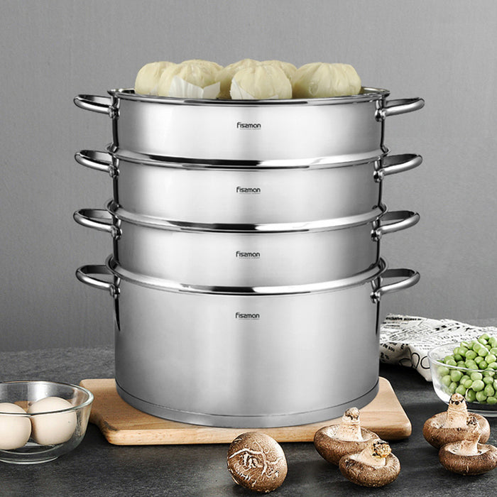 Stainless Steamer Stock Pot with 3 Steamer Insert 32x15cm/12LTR – BARAKAT Multicooker