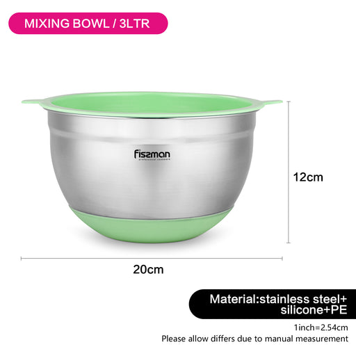 3 Liter Mixing Bowl Stainless Steel 18/10 (INOX 304) Stackable Space Saving Design With Non Slip Silicone Base And Green Lid Silver/Green 20cm